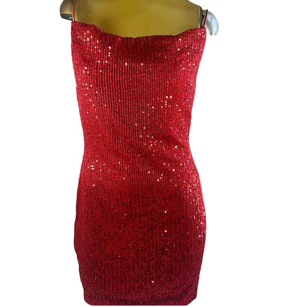 Be Smart Red Sequin Stretchy Spaghetti Strap Mini Party Statement Dress